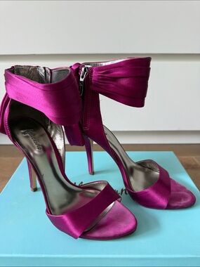 Marciano Women's Fuchsia Satin High Heel Sandals with Bow Ankle Strap